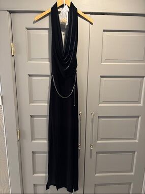 Elegant Black Velvet Halter Maxi Dress with Draped Neckline